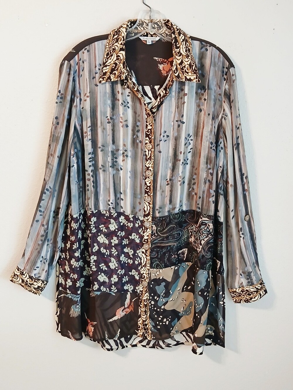 John Mark Mixed Print Long Sleeve Button Front Tunic Top Size Large